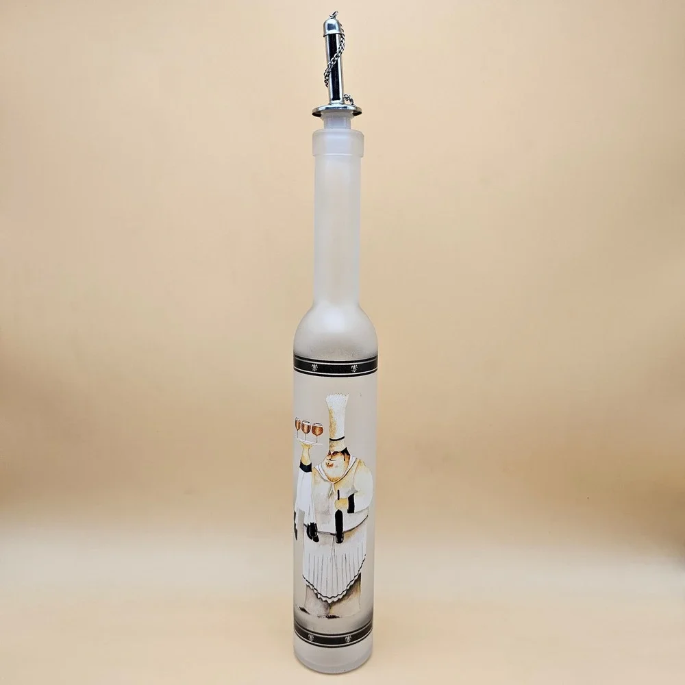 Frosted Glass Bottle w/ Stainless‎ Steel Pour Spout and Chain Stopper Decorative